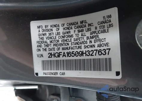 2009 Honda Civic Lx z USA, uszkodzony, nr VIN 2HGFA16509H327637